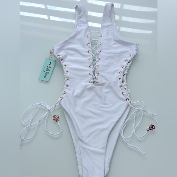 Luli Fama Open side one piece bodysuit color white size Small - Picture 9 of 16
